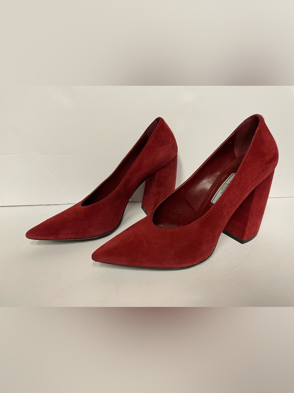 Prada dark Red Cherry Suede Pointed-Toe Block Heel Pumps 35.5